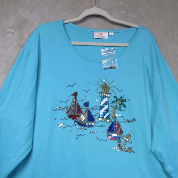 New Quacker Factory Blue Pull Over Sequin Nautical Theme 3/4 Sleeve T-Shirt 3X - Picture 3 of 10